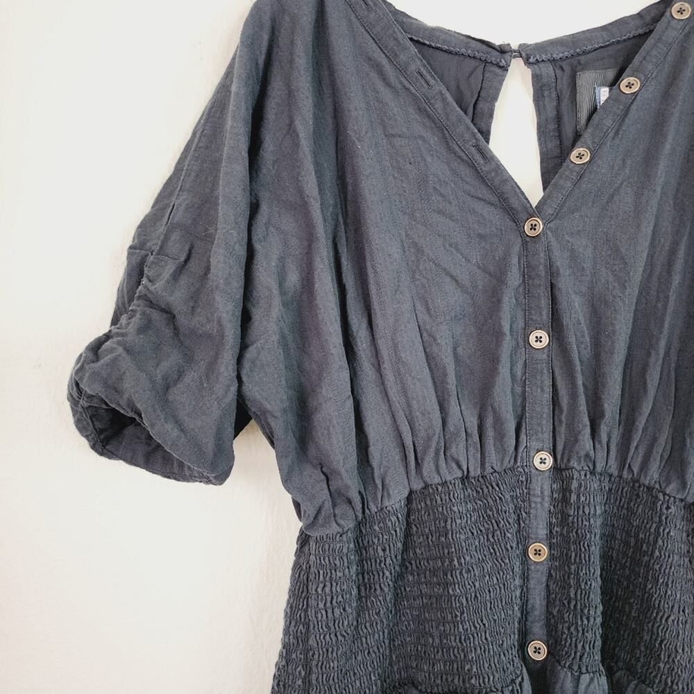 Maeve Anthropologie Black Puff Sleeve Smocked Open Back Cotton Mini Dress L - Picture 6 of 13